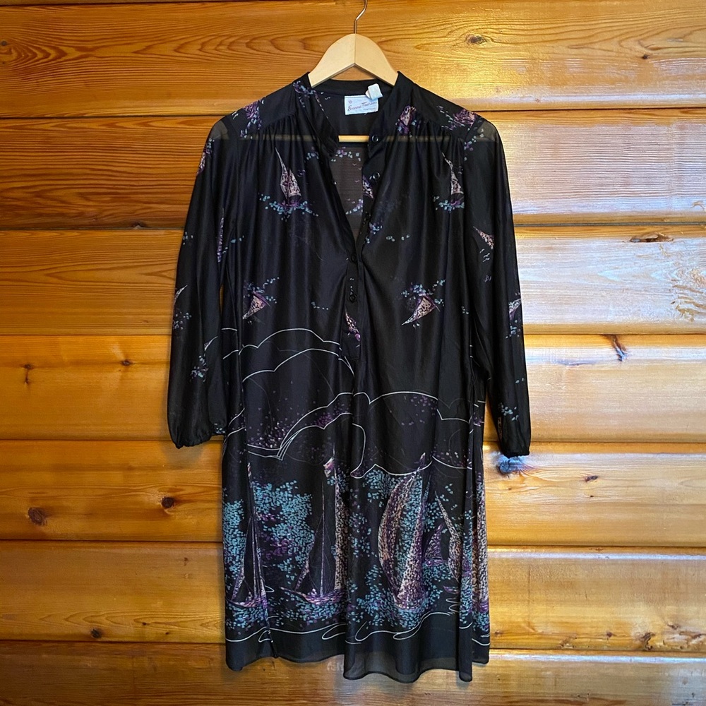 Vintage 70s Sheer Black Tunic w/ Sailboat Pattern